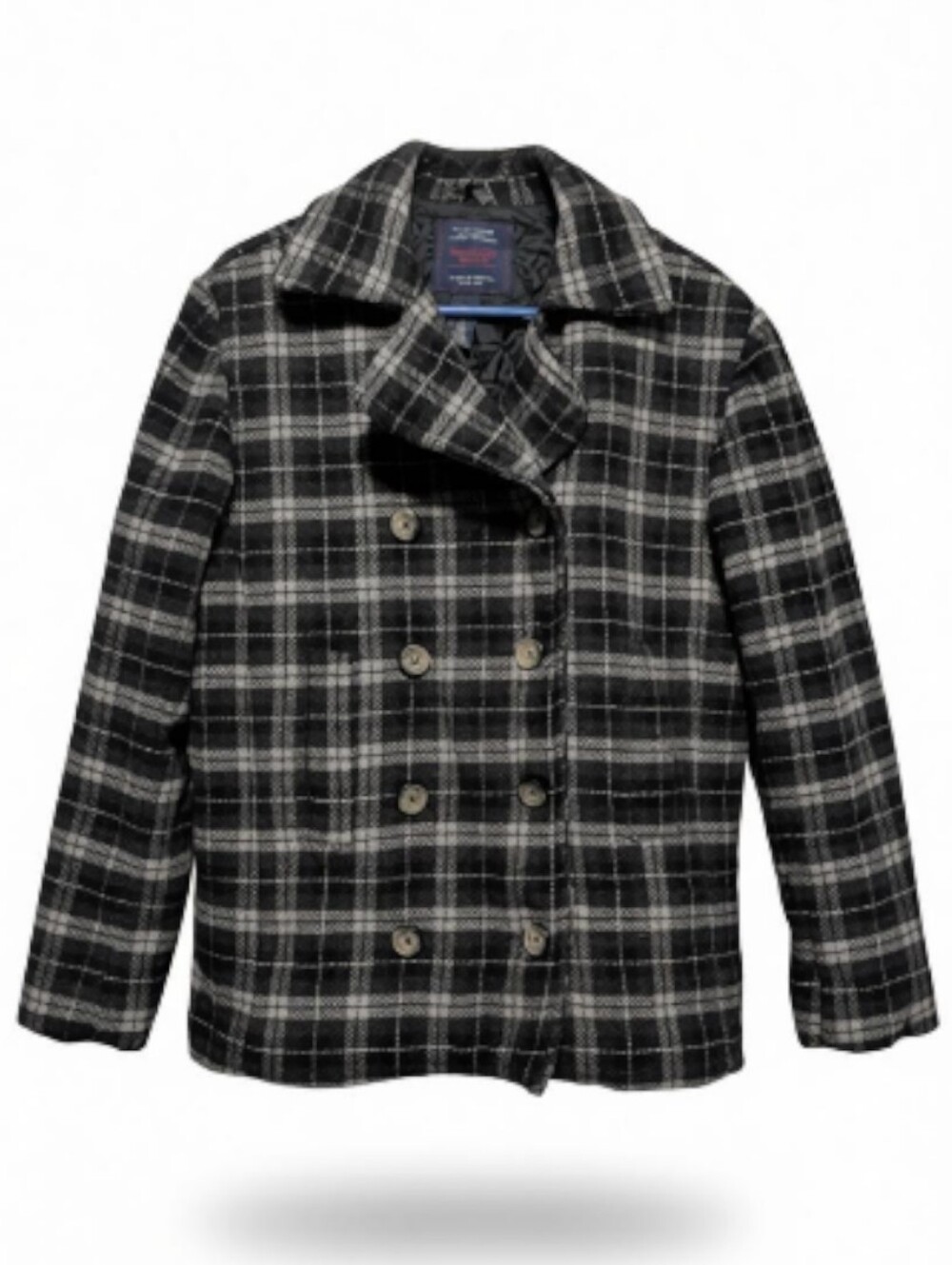 Y2K American Eagle Gray Plaid Wool Blend Double Breasted Peacoat Women's Small